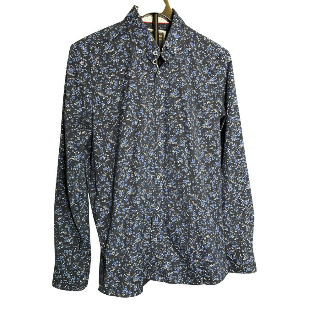 Guide London Premium Range Floral Button Front Stretch Shirt Men's M Blue